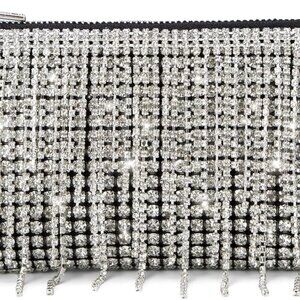 Women Sparkly Rhinestone Purse Tassel Crystal Diamond Crossbody Bag Silver Chain